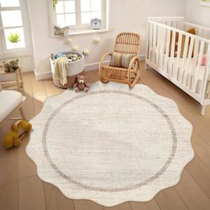 GarveeHome Scalloped Round Washable Rug, Soft Modern Round Rugs 5 ft Circle Carpets for Bedroom Ultra-Thin, Boho Beige Print Distressed Circular Carpet for Living Room Dorm Bedside, Beige