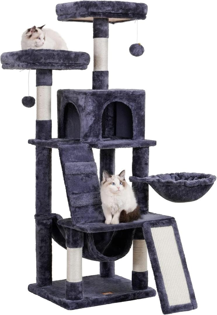Heybly Cat Tree, Cat Tower for Indoor Cats,Multi-Level Cat Furniture Condo for Cats with Padded Plush Perch, Cozy Basket and Scratching Board Smoky Gray HCT014G (56 inch)