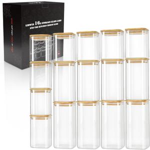 LIBWYS 16-Pack Square Glass Storage Jars with Bamboo Lids (0.6Qt/1.06Qt)
Stackable Dry Food Containers for Pantry Organization, Coffee, Flour, Snacks, Tea, Pasta, Spaghetti | Kitchen Canisters Set