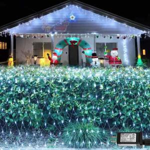 YEGUO Net Lights Outdoor Mesh Lights, 12ft x 5ft 360 LED White Bush Light Outdoor Waterproof, 8 Modes Connectable Clear Wire Christmas Light Plug in