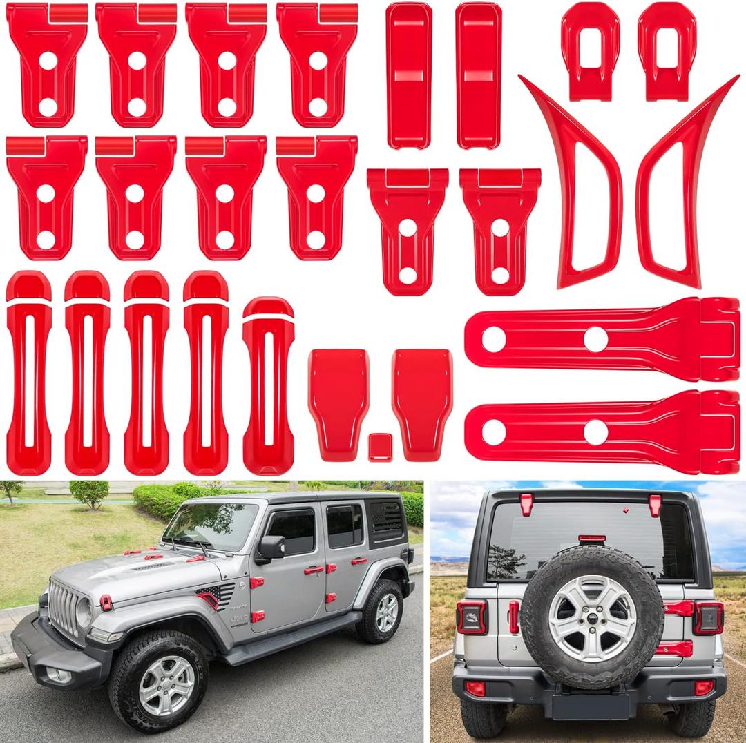26PCS Full Set Exterior Decoration Trim Kit for Jeep Wrangler JL JLU 2018-2023 Door Hinge Handle Engine Hood Hinge Hood Latch Wheel Eyebrow Side Air Outlet Rear Tailgate Window Hinge Cover (Red)