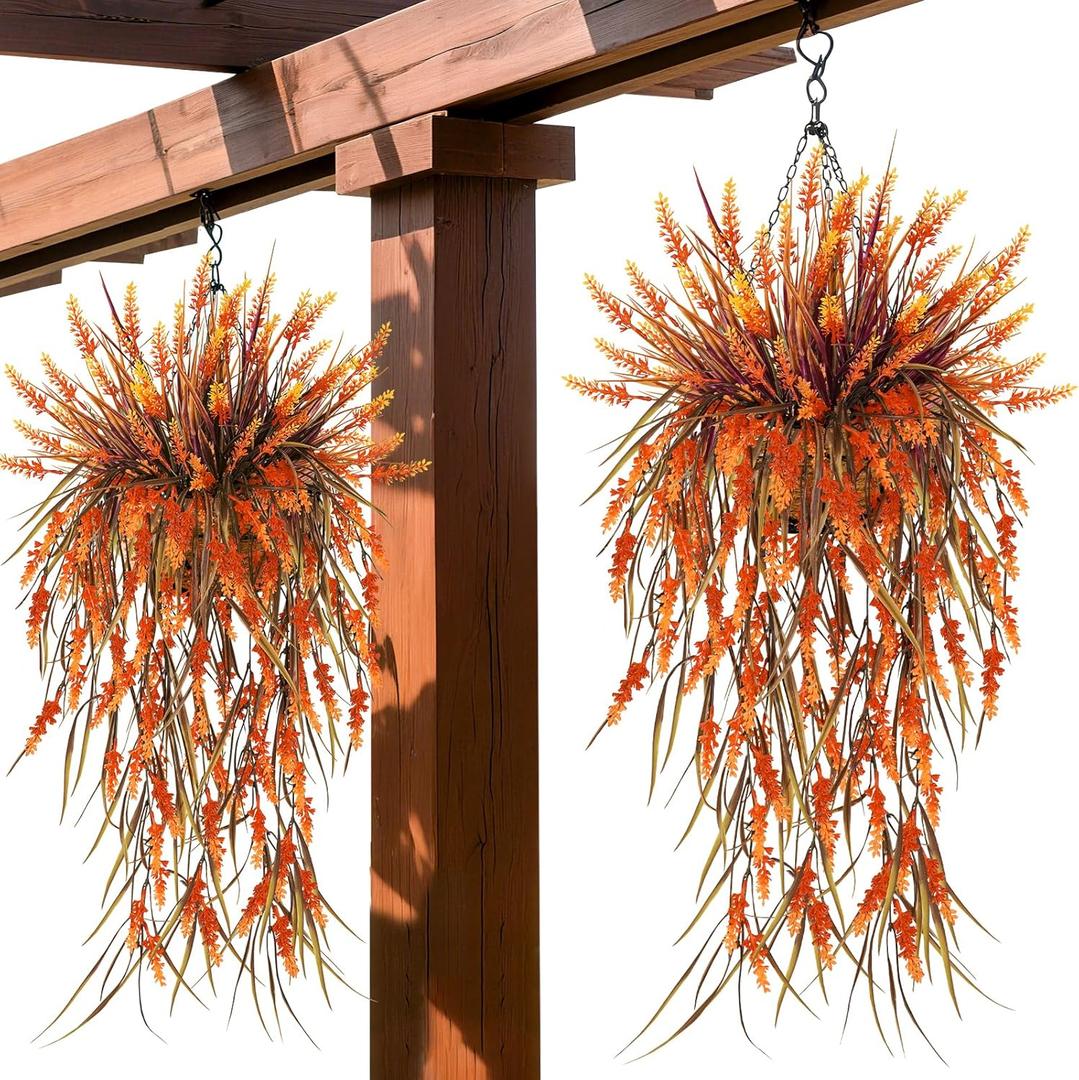 Artificial Hanging Flowers for Outdoors, Realistic UV Resistant Fake 6Pcs Fall Outdoor Flowers with 4 Pcs Faux Lavender Hanging Plants for Porch Patio Planter Garden Outside Yard (Orange)
