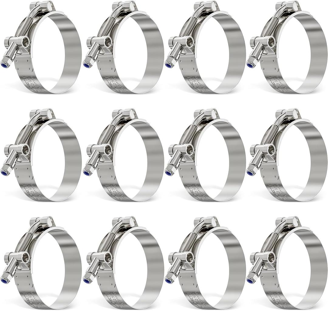 OURU 12Pack 2 Inch T Bolt Hose Clamp,304 Stainless Steel Heavy Duty Hose Clamp,Adjustable 57-65mm Radiator Hose Clamps for Tube, Automotive, Radiator, lntercooler