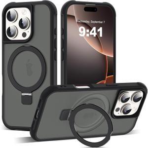 Compatible with iPhone 16 Pro Case with Invisible Magnetic O-Ring Stand Military-Grade Translucent Case for iPhone 16 Pro 6.3" [Compatible with Mag-Safe][Great Grip Feeling], Black