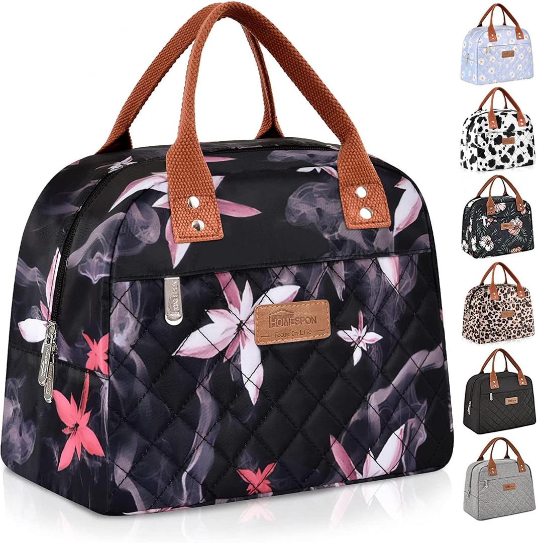 HOMESPON Insulated Lunch Bag for Women Men Adults Lunch Tote with Front Pocket Lunch Box Container Cooler Bag for Work Picnic (Pink Flowers) (Floral 2)
