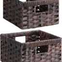 Lifewit Handwoven PP Wicker Storage Basket, Waterproof Imitation Rattan Basket with Built-in Handles, Rectangle Baskets for Organizing Shelves, Pantry, Black Walnut, 2-Pack (Large+Medium)