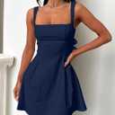YMDUCH Women's Sexy Sleeveless Square Neck Adjustable Straps Bow Tie A-line Mini Party Club Dress (Blue)