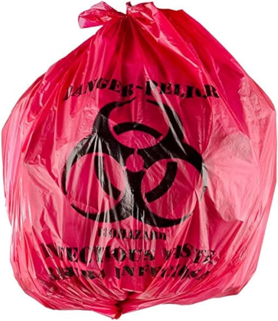 Red Isolation Infectious Waste Bag/Biohazard Bag High Density 7 Gallon 12 Microns 17" x 18" - 100 Count