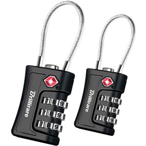 2 Pack TSA Approved Luggage Locks, Combination Travel Cable Padlock, 3-Digit Waterproof Lock, TSA Accepted Outdoor Keyless Resettable Lock for Lockers, Bags, Gym, Gate-Black