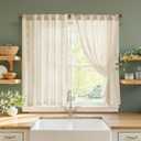 jinchan Small Window Curtains 54 Inch Length Linen Cafe Curtains for Kitchen Bathroom Bordered Floral Embroidered Short Drapes Rustic Farmhouse Light Filtering Curtain Set 2 Panels Ivory on Beige