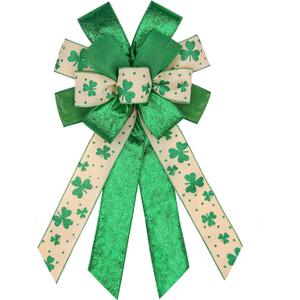 3 x BUVANE St. Patrick's Day Wreath Bow,12 x 20 Inches Large Green Shamrock Irish Holiday Decoration Bow with Streamer Wired Edge Ribbon (Green)