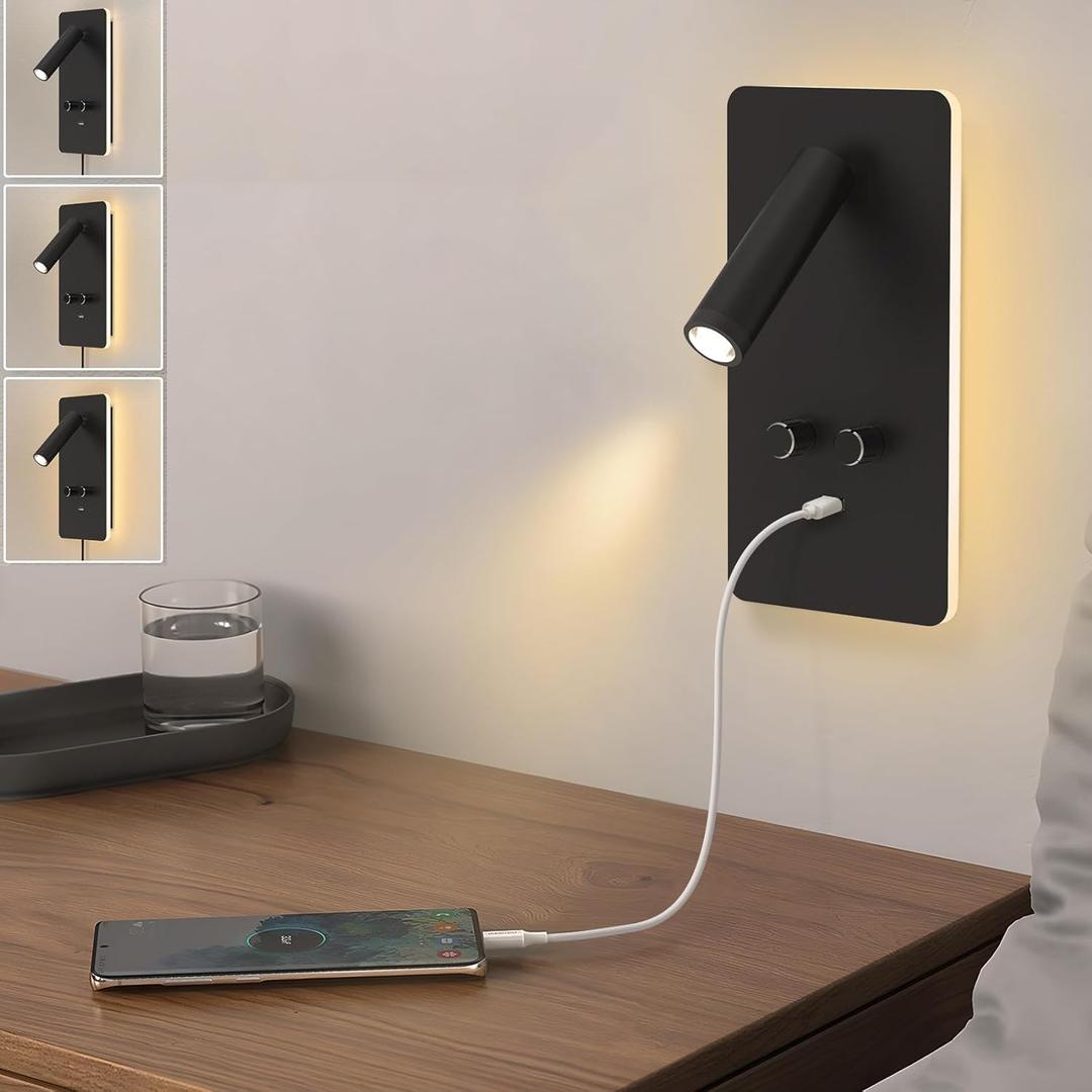 M04 Dimmable Wall Mount Reading Light, Adjustable 0.9-3.7W LED Wall Mounted Reading Lamp with Adjustable 1.2-6W Backlight, Wall Sconces with USB Port, Wall Lamps for Bedroom(Black)