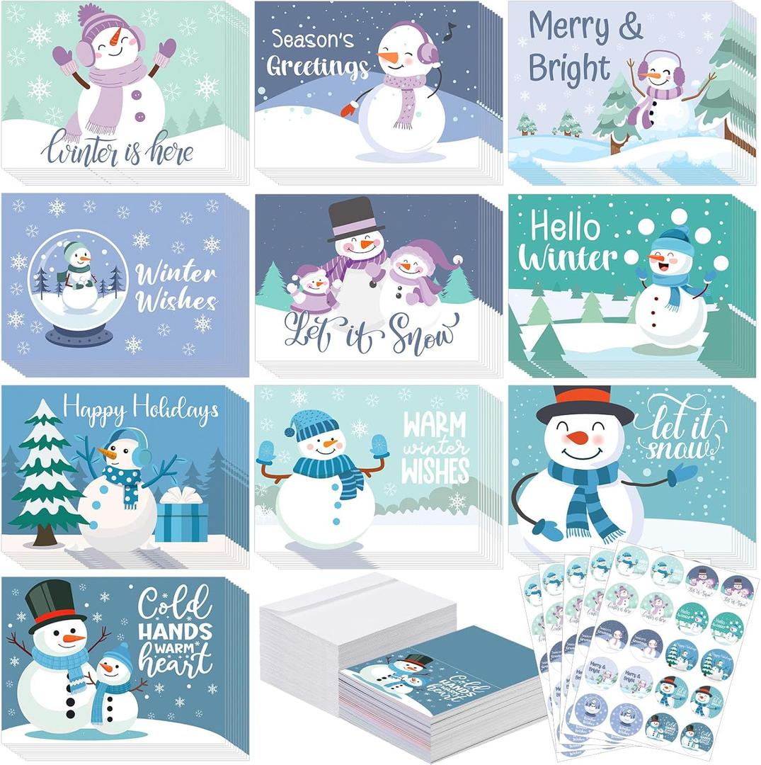 Yeaqee 100 Pack Winter Christmas Cards with Envelopes and Stickers Cute Snowman Greeting Cards Bulk for Christmas Winter Party Supplies Holiday Gifts