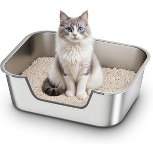 Stainless Steel Cat Litter Box with Low Entry, Metal Kitty Litter Box for Senior or Injured Cats, Odor-Free, Non-Stick, Easy to Clean, 17.5"x13.6"x5.9", Litter Pan for Medium and Small Cats (Silver)