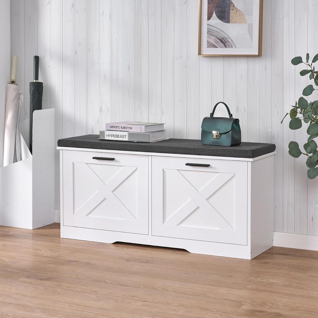 Shoe Storage Bench with 2 Flip Drawers, Entryway Bench with Padded Seat Cushion, Shoe Cabinet with 2 Barn Doors, 11.8" D x 39.4" W x 18.4" H, for Entryway, Living Room, Bedroom, White