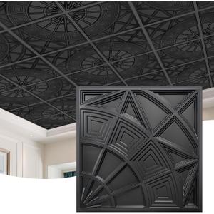 STICKGOO 3D Ceiling Tiles 24"x24", Modern Geometric Textured PVC Panels, Waterproof & Recyclable Drop or Glue-Up Decorative Ceiling Tiles for Home & Commercial Use (Pack of 12, Black)