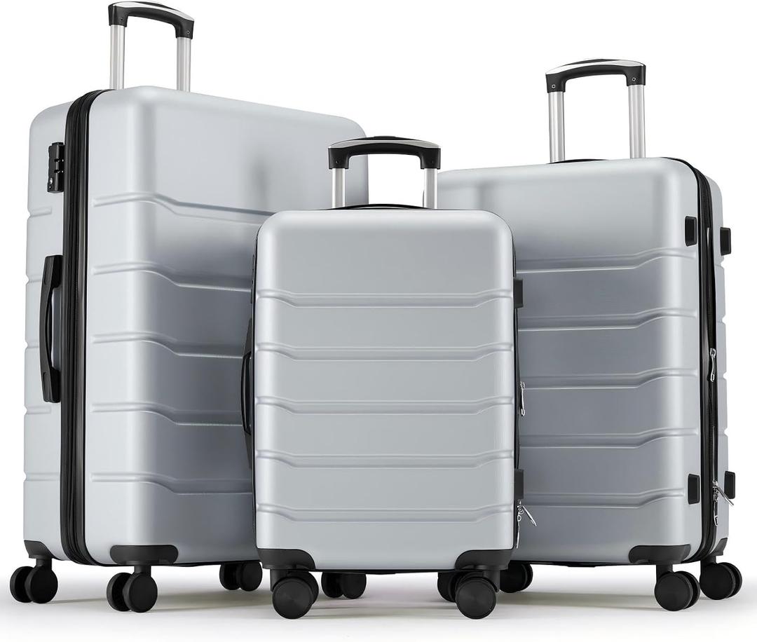 OLIXIS 3-Piece Luggage Set, Carry On Suitcases with Spinner Wheels, Expandable Travel Luggage with TSA Approved Lock & ABS Hard Shell, Light Grey, 20/24/28 Inch