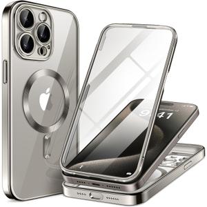 BERFY Magnetic for iPhone 15 Pro Max Case, Compatible with Magsafe, Built-in 9H Tempered Glass Screen Protector & Full Camera Protection, Full Body Plating Shockproof Phone Case for 15 Pro Max, Gray (Clear Nature Titanium)