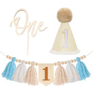 3 PCS 1st Birthday Highchair Banner Decorations Boy Handmade Boho Blue White High Chair Banner One Crown Hat Cake Topper Wall Hanging Decorative for Bedroom (Khaki)