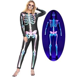 JUST FOR PARTY Women Halloween Skeleton Costume, Double-Sided Rainbow Skeleton Jumpsuit, Blacklight Responsive By UV Light 12-14 (L)