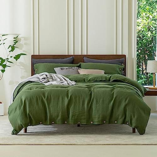 EVERLY 100% Pure Linen Duvet Cover Set King Size104X90Inch 1pcsSoft and Breathable for All Season with Coconut Button Closure, Suitable for Hot Sleepers-Mossy Green