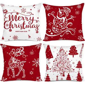 Artmag Red Christmas Throw Pillow Covers 18x18 Set of 4 Decorative Holiday Farmhouse Pillow Covers with Trees, Deer, Snowman, Merry Christmas Design