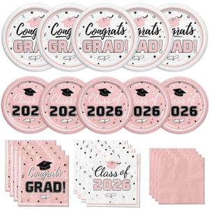 Graduation Party Supplies Kit Serve 50 Graduation Party Class of 2026 Tableware Pink Disposable Dinner Plates Dessert Plates Napkins for Congrats Grad Party Decorations