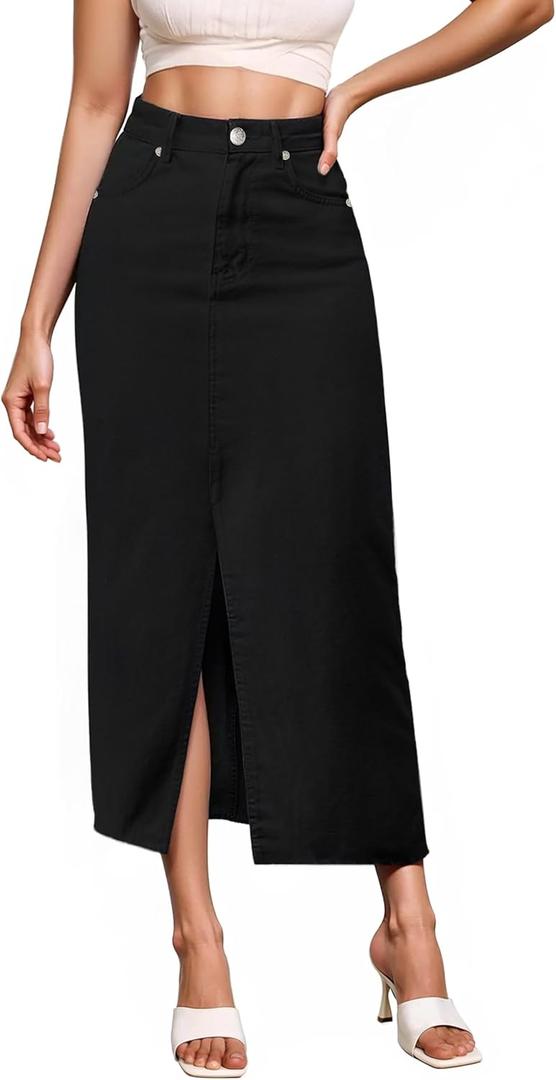 Hybrid & Company Women's Long Denim Skirt  Stretch Jean Skirt for Office and Casual Wear (6, Jet Black)