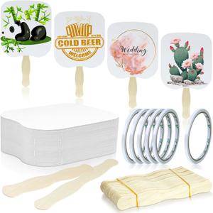 50 Piece Church Handheld Fan DIY Set, Includes Wooden Wavy Handles Craft Sticks, Blank Cardstock Paper (Not Printer-Compatible), Double-Sided Tape, Ideal for Crafting, Painting, Hand Decorati