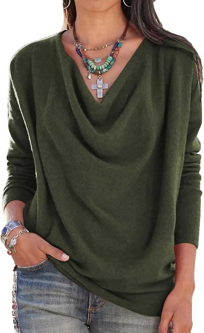 LYANER Women's Draped Cowl Neck Long Sleeve Tunic Blouse Top (Dark Green, XS)