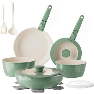 Redchef Ceramic Nonstick Pans and Pots Set, Ceramic Cookware Set with Detachable Handles16Pcs, Induction Dishwasher Oven Safe Kitchen Cooking Set, PFAS PFOA & PTFE Free, Green