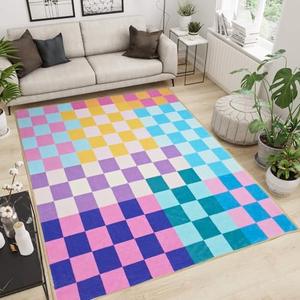 Aukib Multicolored Checkered Rug 3x5 Washable Ultra-Thin Funky Bedroom Rug Non-Slip Soft Multicolored Stain Resistant Carpet for ‎Dining Room Office