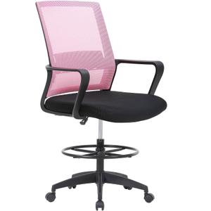 BestOffice Drafting Chair Tall Office Chair Adjustable Swivel Rolling Mesh Height with Lumbar Support Arms Footrest Mid Back for Adults Standing Desk Drafting Stool (Light Pink)