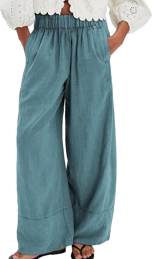 SeeLuNa Linen Pants for Women Cotton Baggy Boho Casual Palazzo Pants Wide Leg Long Lounge Trousers with Pockets (L)