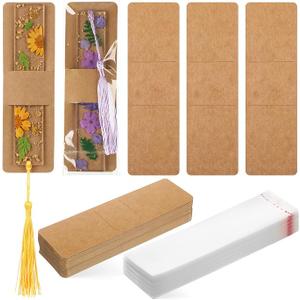 Honoson 200 Set Bookmark Holders Gift Set Kraft Paper Bookmark Sleeves Transparent Self Adhesive Bag DIY Blank Cover Display Cards for Wrapping Small Business Supplies Reading Party Favor