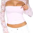 Women Lace Going Out Tops Sheer Y2k Long Sleeve Cutout Cute Tube Top and Shrug Set (Medium, A1 Pink)