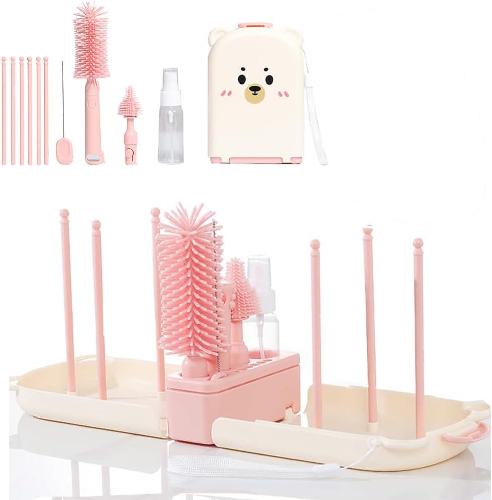 6 In1 Baby Bottle Brush Kit,Portable Silicone Bottle Brush Cleaner Set with Straw Brush,Nipple Brush,Drying Rack,Soap Dispenser,Storage Bag for Travel or Home (Pink) 6 In1 Baby Bottle Brush Kit,Portable Silicone Bottle Brush Cleaner Set with Straw Brush,Nipple Brush,Drying Rack,Soap Dispenser,Storage Bag for Travel or Home (Pink)