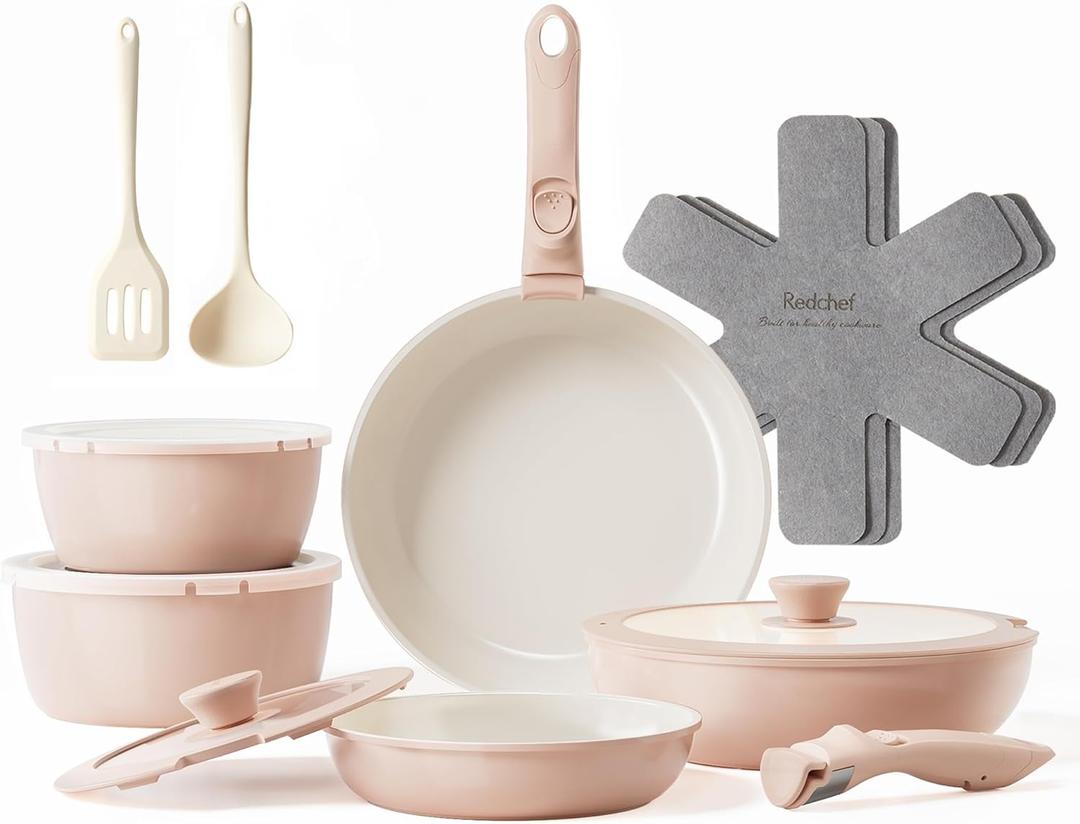 Redchef 16pcs Ceramic Pots and Pans Set Non Stick, Nonstick Kitchen Cookware Set with Detachable Handle, Non Toxic, PFAS PFOA & PTFE Free, RV Cookware Set for Camping, Dishwasher/Oven Safe (Pink)