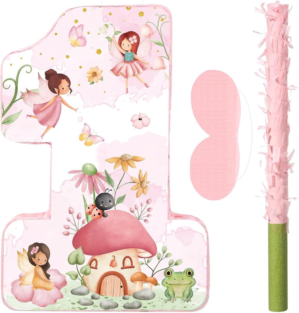 Blosssound Fairy Piata Fairy 1st Birthday Decorations Supplies Flower Number One Princess Piata Set with Stick Blindfold for Wonderland Garden Theme Baby Shower Celebration Decor(Birthday)
