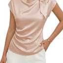 EVALESS Satin Blouses for Women Dressy Casual Trendy Business Work Silk Tops Outfits Cowl Neck Bow Tie Pleated Summer Shirts, XL 