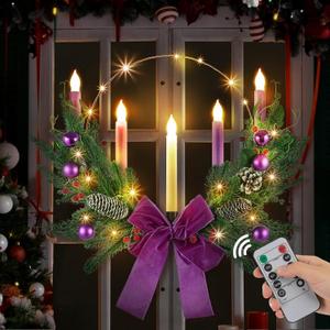 1 Set Advent Wreath with 5 Flameless Candle (Pink Purple White) and Timer Remote Control, 1 Advent Wreath Candle Holder, 1 LED Strings for Holiday Party Decor(Classic,20 Inch)