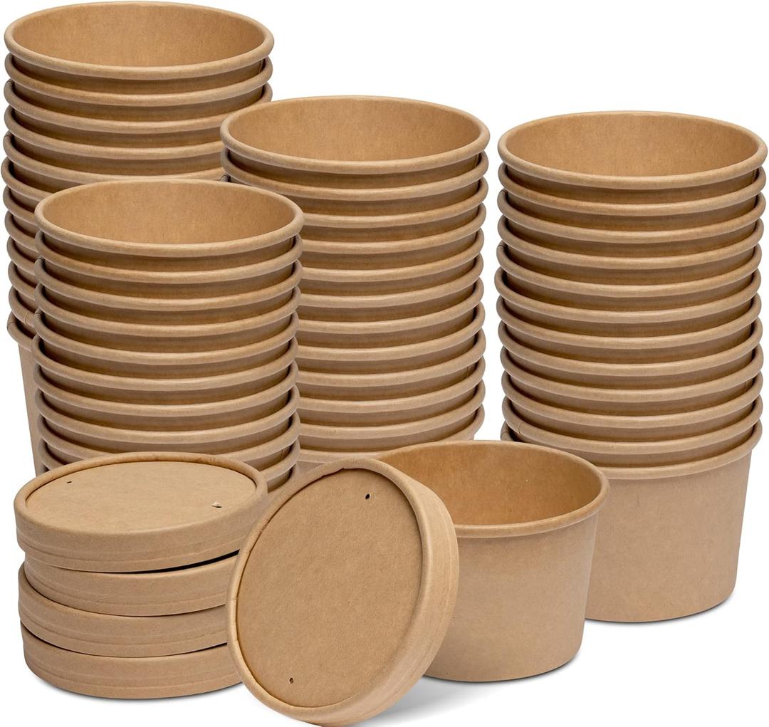 GUSTO 8 oz. Paper Food Containers With Vented Lids, To Go Hot Soup Bowls, Disposable Ice Cream Cups, Kraft - 50 Sets
