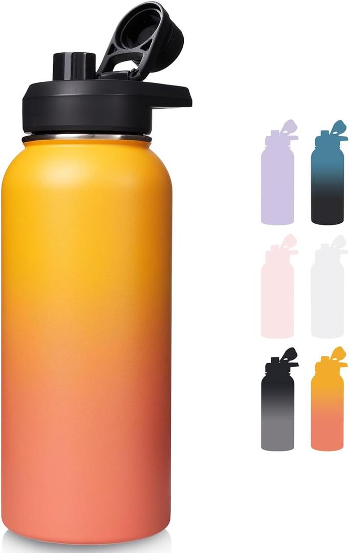 Fijinhom 32 oz Insulated Water Bottle with Handle, 304 Stainless Steel Water Bottles with Wide Mouth, Double Wall Vacuum Sports Water Bottle, BPA Free, Keep Cold and Hot, Yellow&Orange