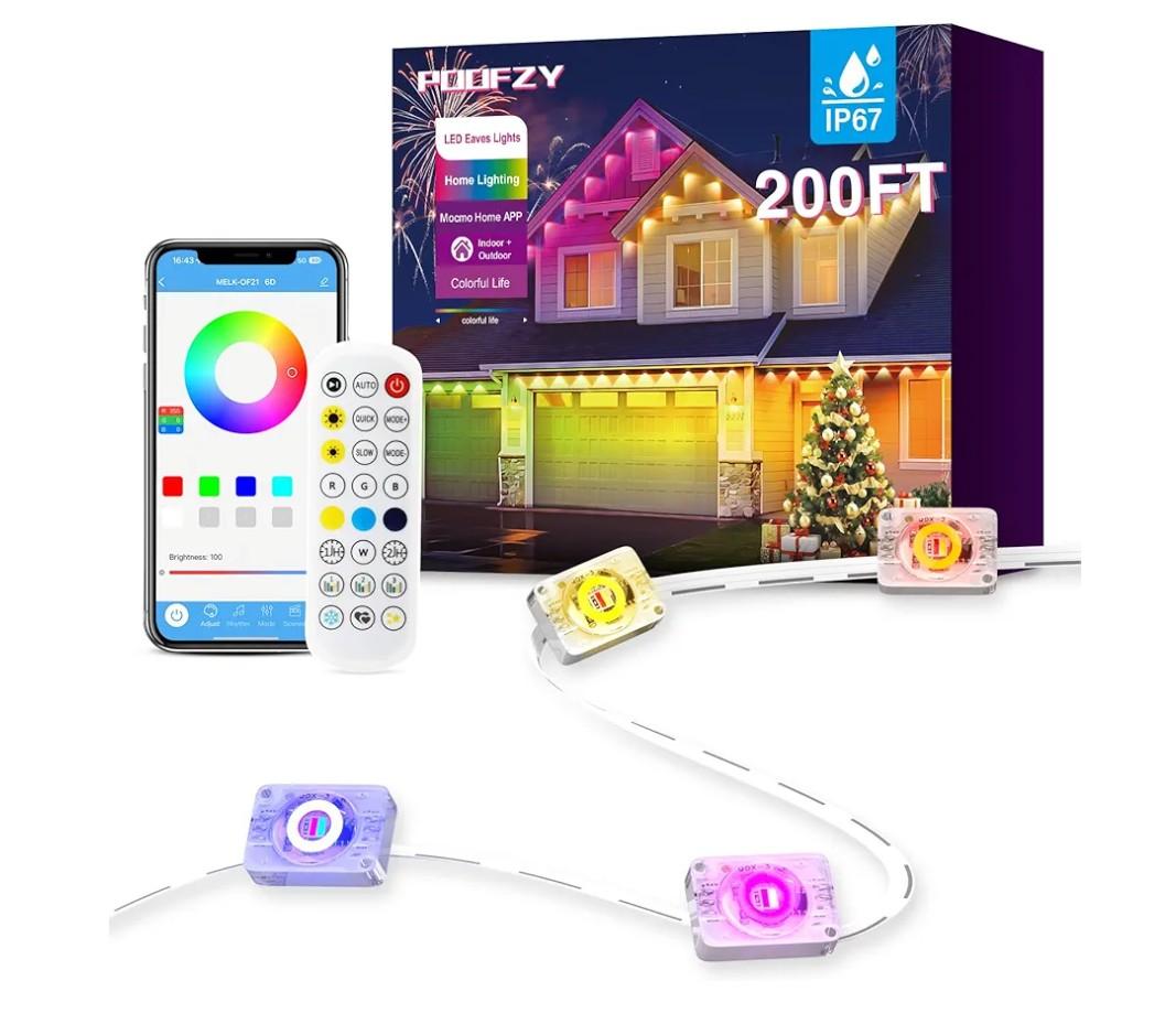 POOFZY Permanent Outdoor Lights for House,200ft RGB+IC Smart Outdoor Decor, 50 Scene Modes,App/Remote Control,for Christmas,Super Bowl,V-Day,Thanksgiving,Daily & Holiday Party Decor