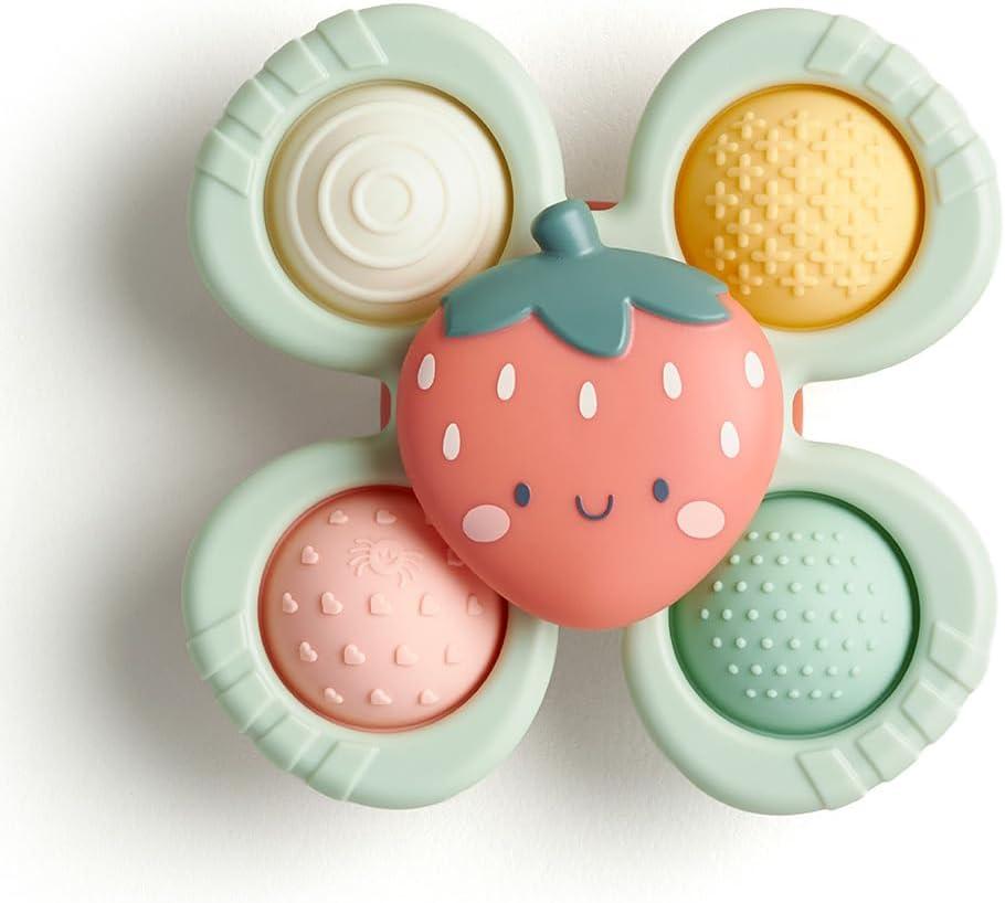 Itzy Ritzy Pop & Whirl – Fidget Spinner Travel & Bath Toy for Babies & Toddlers – Fidget w/ Textured Silicone Popper to Develop Fine Motor Skills –Sticks to Highchairs, Tables, Tubs, More (Strawberry)