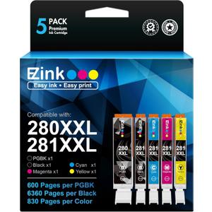 E-Z Ink Compatible Tr8620a Ink Cartridge Replacement for Canon PGI-280XXL CLI-281XXL 280 XXL 281 XXL Compatible with TR8520 TR8620a TR8620 TS702a TS9520 TS9521C TR8520 TS6220 TS6320 TS8220 (5 Pack)