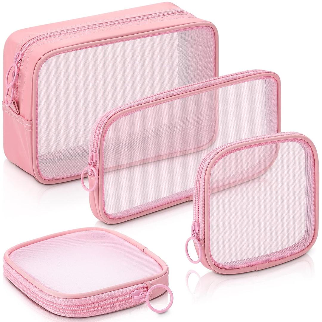 Weewooday 4 Pcs Mesh Makeup Bag Mesh Cosmetic Bag Travel Toiletry Pouch with Zipper Mini Makeup Cosmetic Purse for Daily Accessory(Small, Large, Medium, Pink)