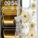 for iPhone 14 Case, [Real Daisy White Flower & Gold Foil][with Luxury Bracelet Wrist Strap] Floral Design, Clear Soft TPU for Women and Girls