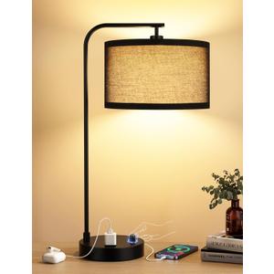 Innqoo Black Tall Table Lamp with USB Port and Outlet, Dimmable Nightstand Bedside Lamps with Linen Lampshade, Desk Lamp for Bedroom, Living Room, Guest Room, Home Office, LED Bulb Included