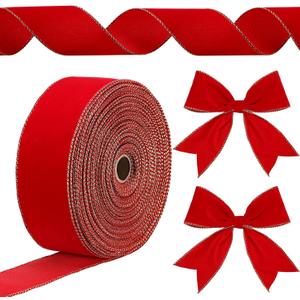 Yungyan Velvet Ribbons with Gold Edge Felt Ribbon Gift Bow Wrapping Ribbon Waterproof for Handmade, Home Decor, Gift Wrapping, Wreath DIY Crafts, Christmas Tree(Red,2.5 Inch x 60 Yards)